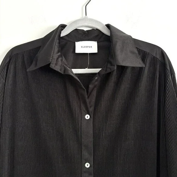 NEW Sleeper Black Origami Ribbed Long Sleeve Button Top Size Large Pajama Shirt - Picture 3 of 13